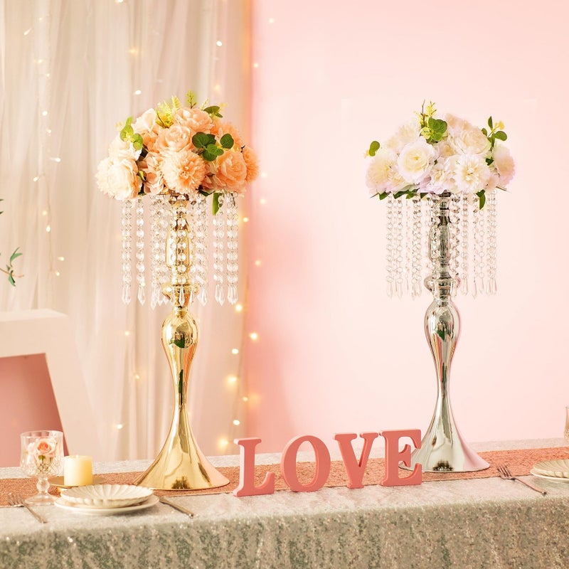 Lovecat Metal Wedding Centerpieces for Table, Crystal Flower Stands, Wedding Road Lead Flower Holders, Crystal Mermaid Chandelier Flower Vases for Birthday Party Event Wedding Home Decor (Silver, 21.3"-2pcs) - Image 3